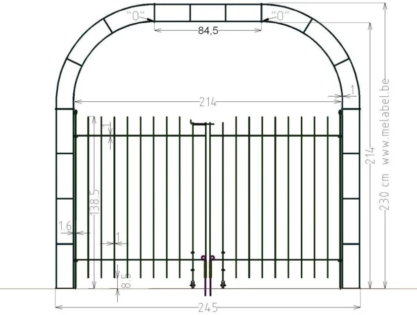 Afmetingen van de 214 cm brede rozenboog met verlenging en poort 145 cm hoog.