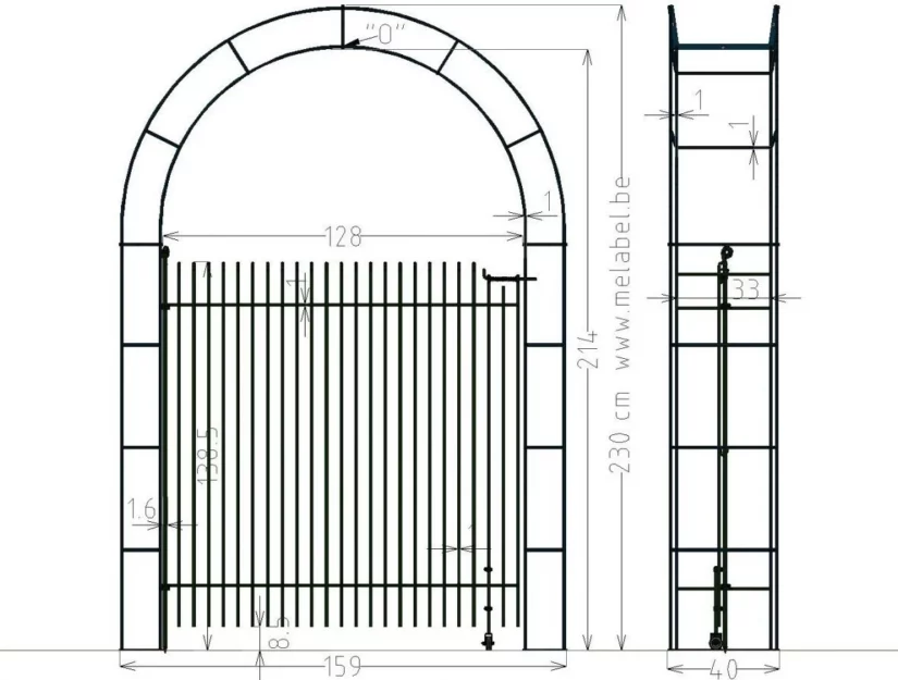 Enkelvleugelige poort “engmaschig” in rozenboog 128 cm breed 145 cm hoog