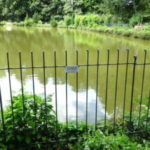 Der See im Park mit seinem Springbrunnen wird mit einem Zaun aus Stahldraht geschützt
