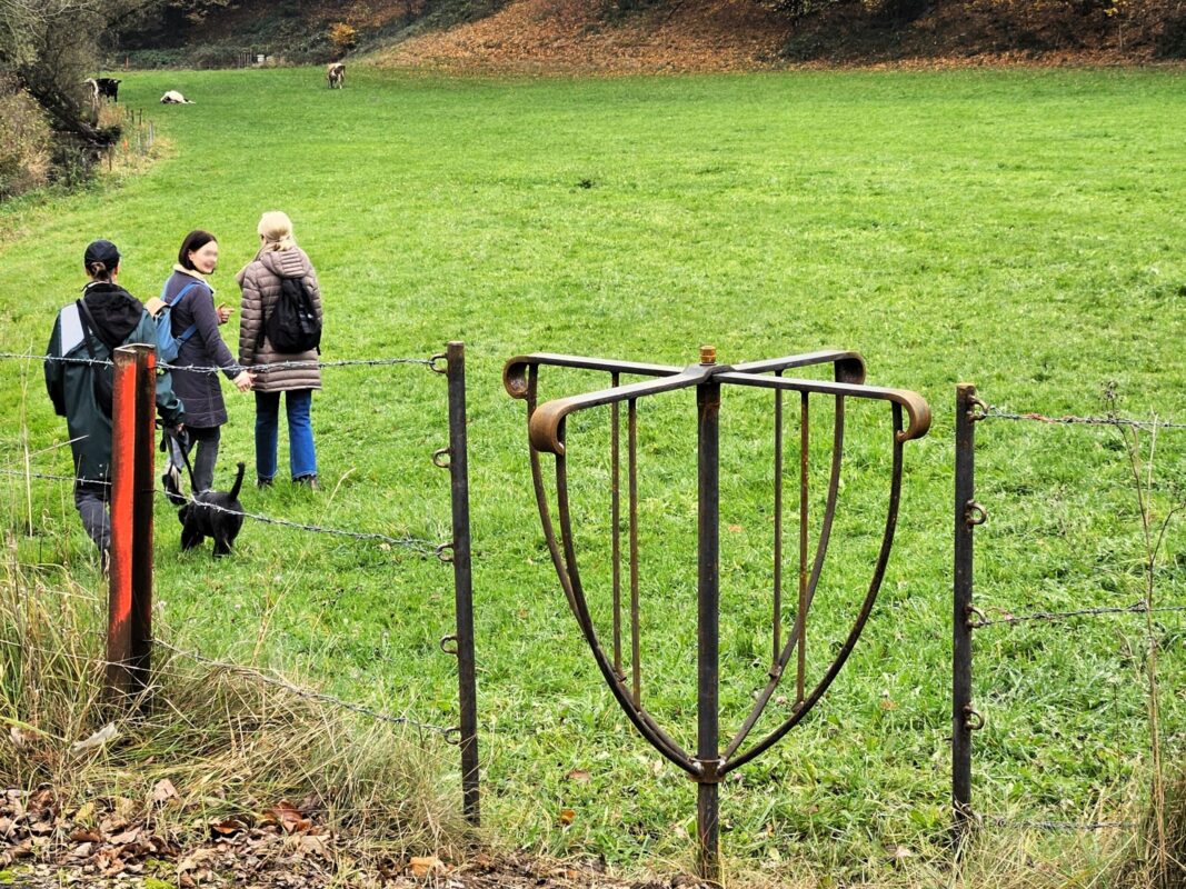 De toegang tot een wandelpad in een weiland vanaf de weg gebeurt via een draaihekkje.