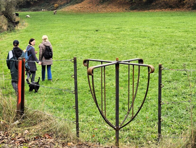 De toegang tot een wandelpad in een weiland vanaf de weg gebeurt via een draaihekkje.