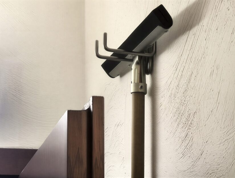 De waterafstrijker wordt ruimtebesparend aan de muur achter de deur opgehangen.