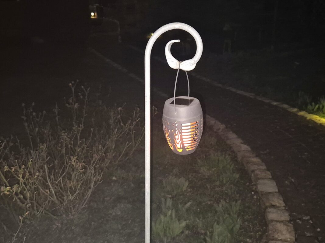 Der verzinkte Pflanzstab Schnörkel mit einer Solarleuchte