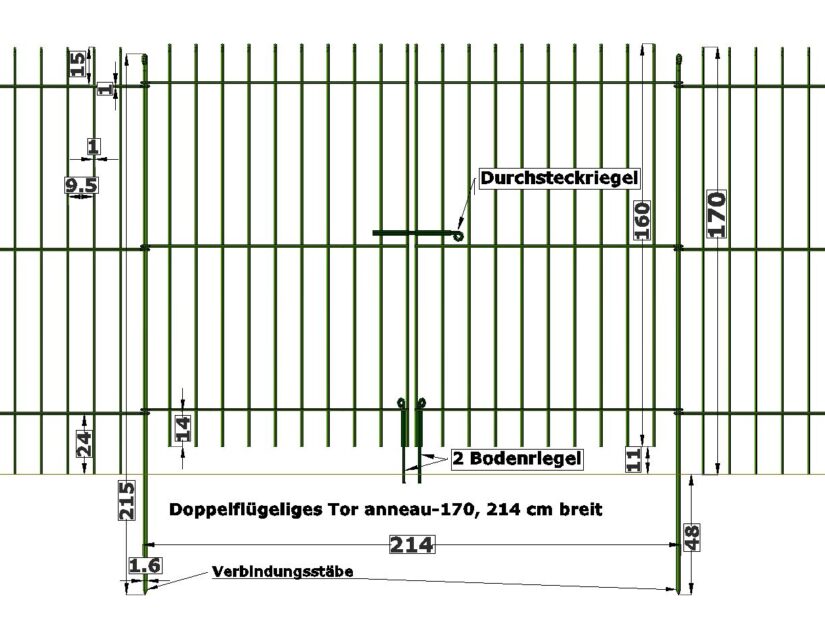 Zeichnung mit Maßen vom leichten doppelflügeligen Tor anneau-170.