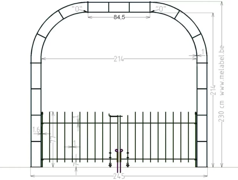 Afmetingen van de 214 cm brede rozenboog met verlenging en poort 80 cm hoog.