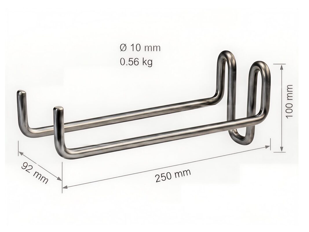 Hier zijn de afmetingen van de schep- en bezemhouder van massief roestvrij staaldraad.