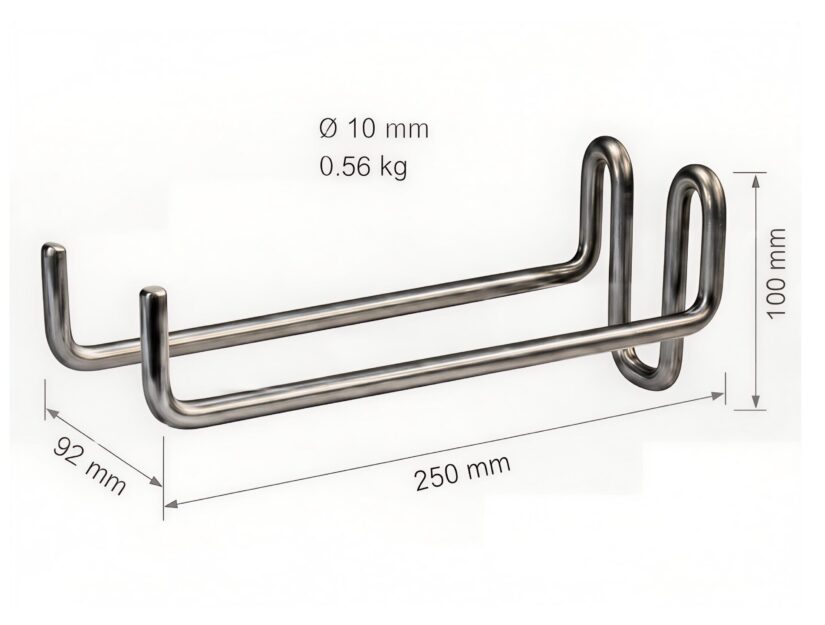 Hier zijn de afmetingen van de schep- en bezemhouder van massief roestvrij staaldraad.