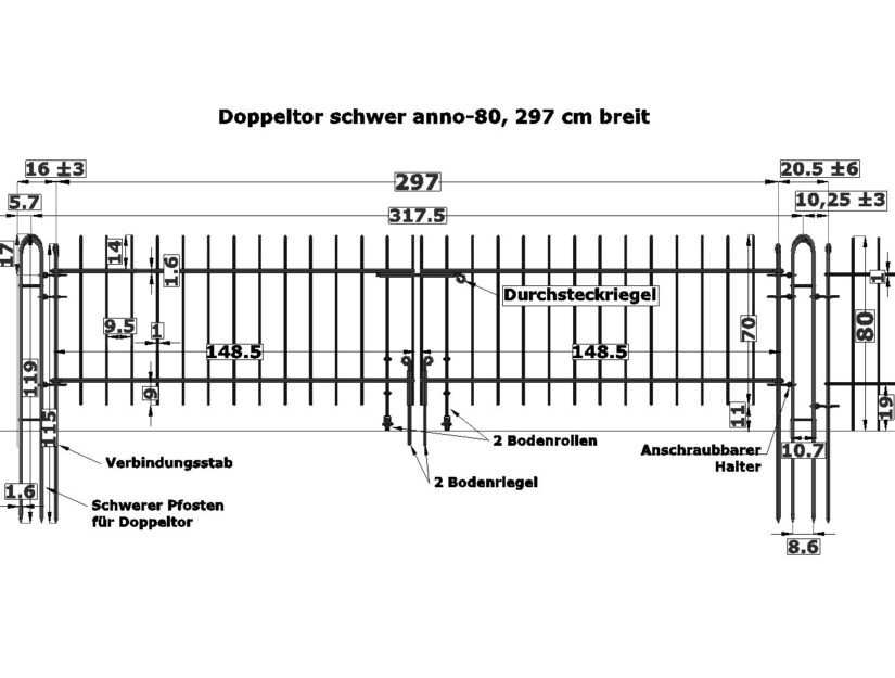 Zeichnung vom Doppeltor anno-80 297 cm breit mit schweren Torpfosten.