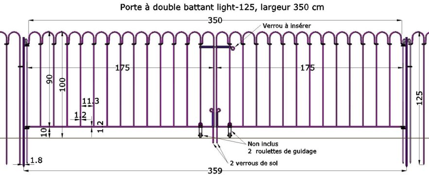 La porte light-125 à 2 vantaux de largeur maximale avec 2 vantaux de 175 cm chacun a une largeur de passage de 350 cm.