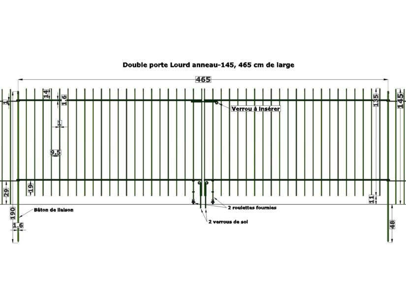 NOUVEAU : Portail double lourd anneau-115, 465 cm de large.