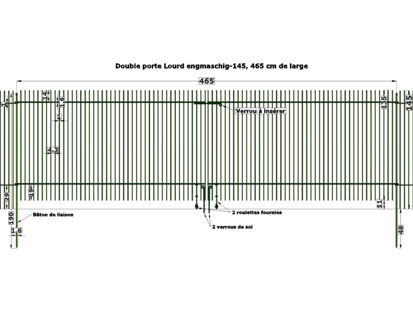 Portail double Lourd à mailles serrées-145, largeur 465 cm sans poteaux.