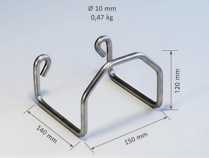 Voici les dimensions du support pour tuyau d'arrosage en fil d'acier inoxydable massif.