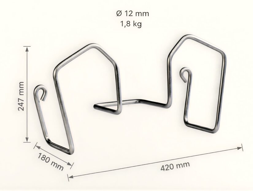 Voici les dimensions du grand support pour tuyau en fil d'acier inoxydable massif.