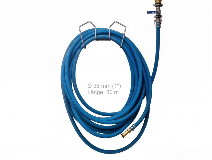 Großer Schlauch Halter aus Edelstahl mit 30 m Wasserschlauch (1" Ø 36 mm).