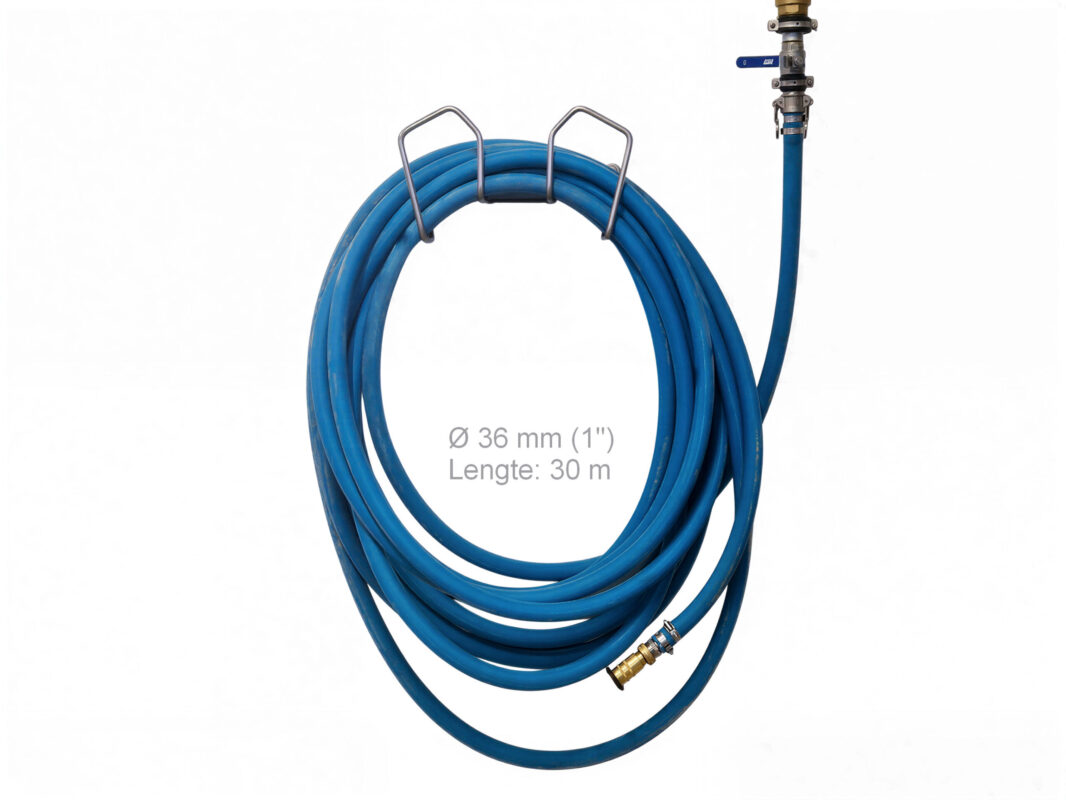 Grote slanghouder van roestvrij staal met 30 m waterslang (1" Ø 36 mm).