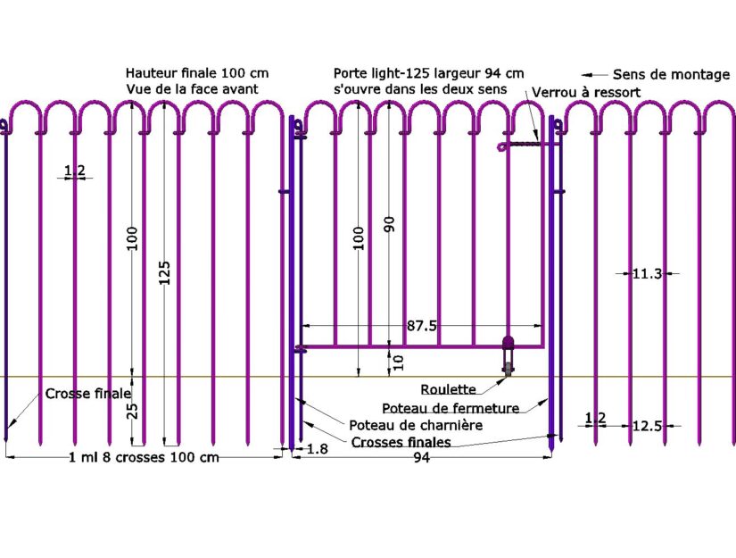 Dessin avec les dimensions de la clôture de bassin light-125 avec porte.