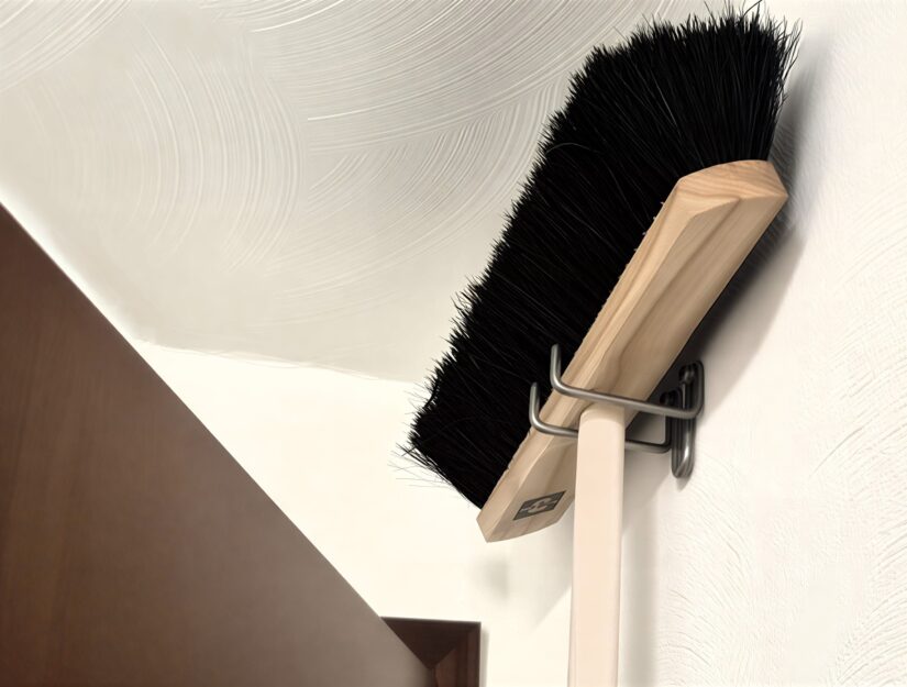 Der Besen kann platzsparend hinter der Tür an dem Halter aufgehängt werden.