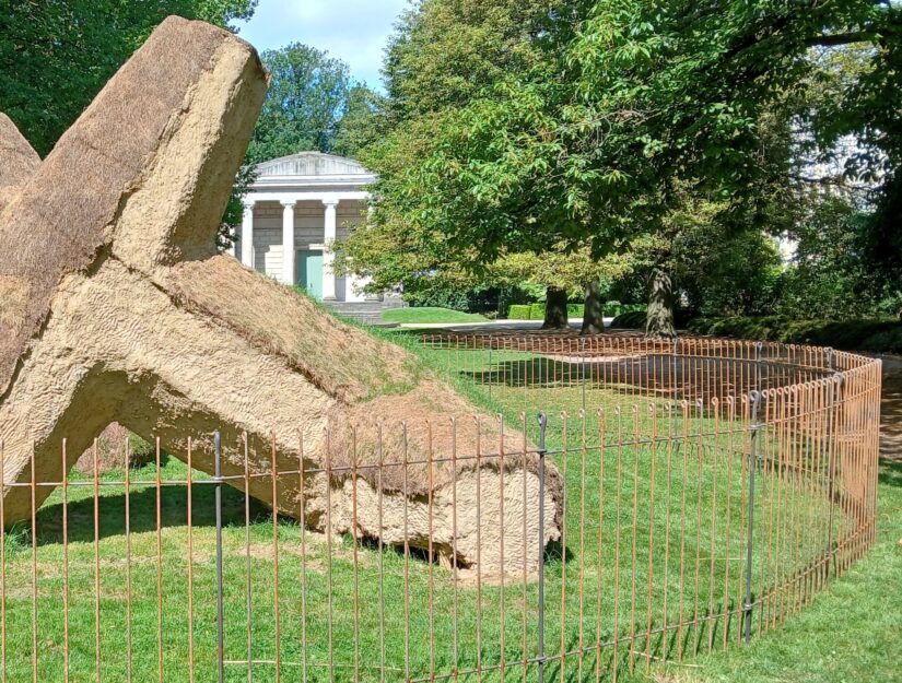 Ein zeitgenössisches Kunstwerk in einem großen Park wird durch unseren Zaun geschützt.