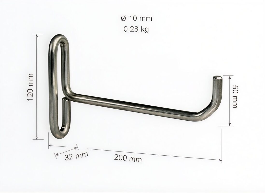 Die Maße des Wandhalters aus massivem Edelstahldraht.