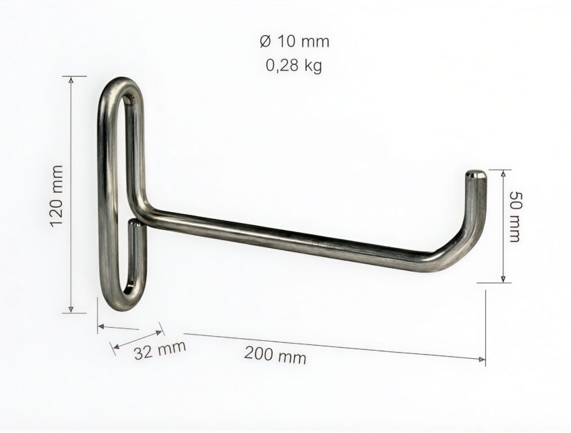 Hier die Maße des Wandhalters aus massivem Edelstahldraht.