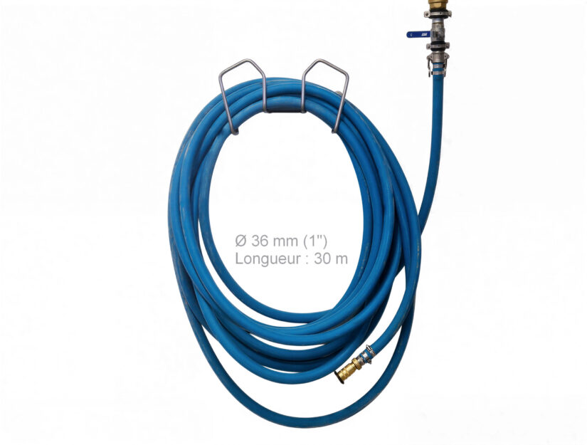 Grand support pour tuyau en acier inoxydable avec tuyau d'arrosage de 30 m (1" Ø 36 mm).