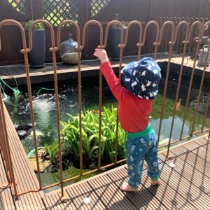 Unser Enkel fühlt sich sicher vor dem Teich mit dem Aufgeschraubten Zaun