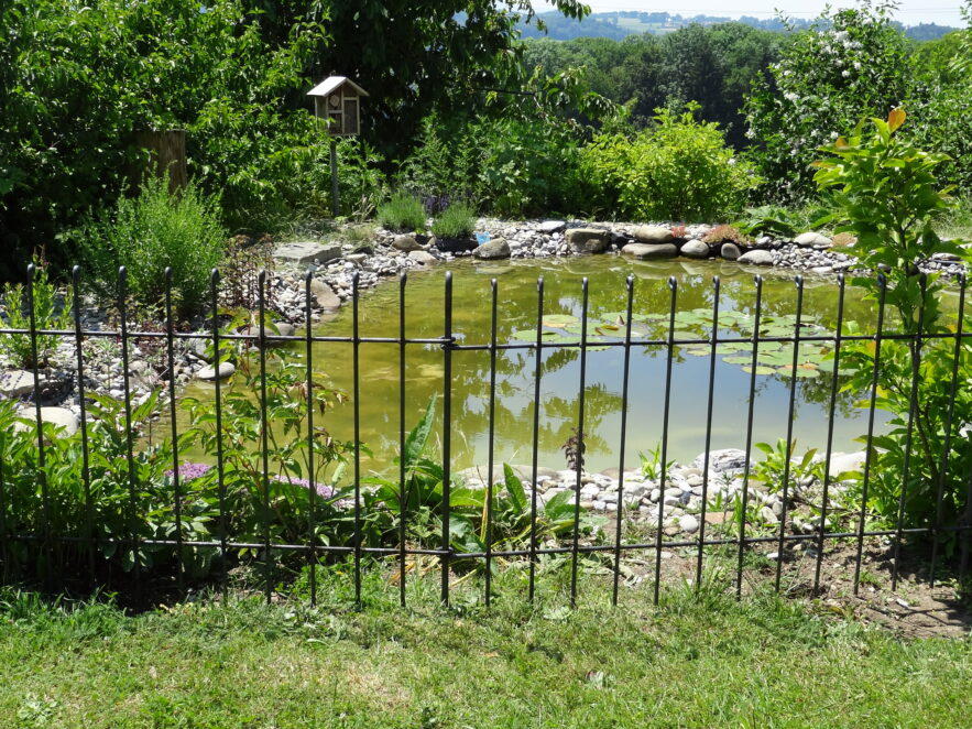 Zaun auf dem Rasen montiert vor dem Teich als Sicherung