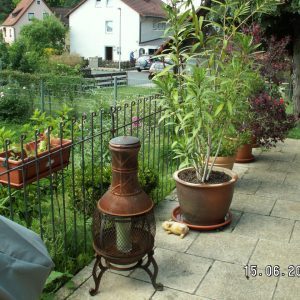 Zaun mit Blumenkästen neben der Terrasse gesteckt